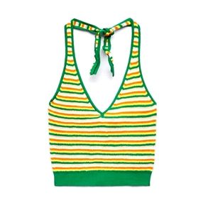 Zara Striped Green and Yellow Knit Halter Top Women's Size Medium NWT